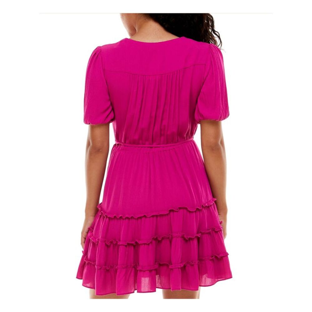 B DARLIN Womens Fit + Flare Dress Pink Belted Short Sleeve Skirt Juniors 7\8 - Picture 2 of 3